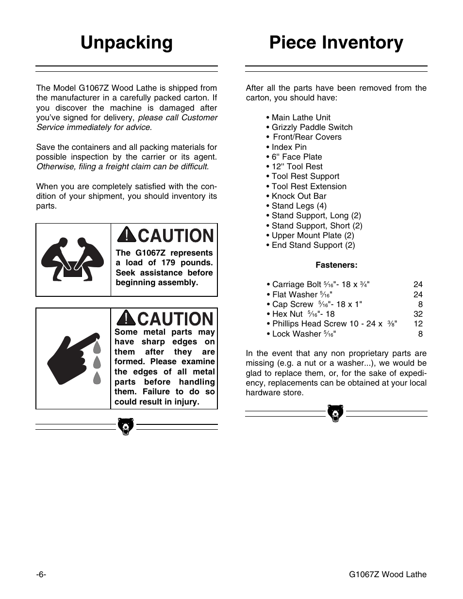 Piece inventory unpacking | Grizzly G1067Z User Manual | Page 8 / 31