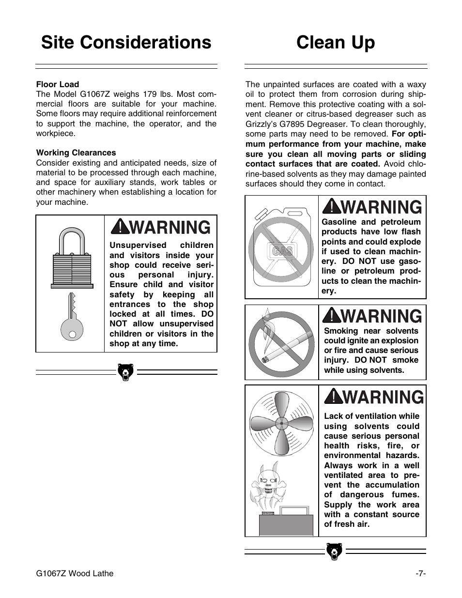 Clean up, Site considerations | Grizzly G1067Z User Manual | Page 9 / 31