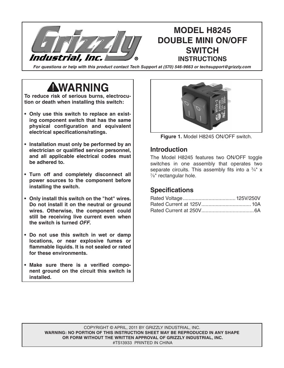 Grizzly Double Mini On/Off h8245 User Manual | 2 pages
