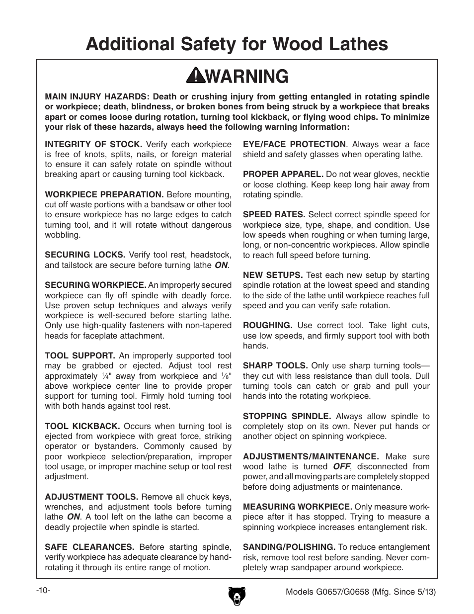 Additional safety for wood lathes | Grizzly G0658 User Manual | Page 12 / 52