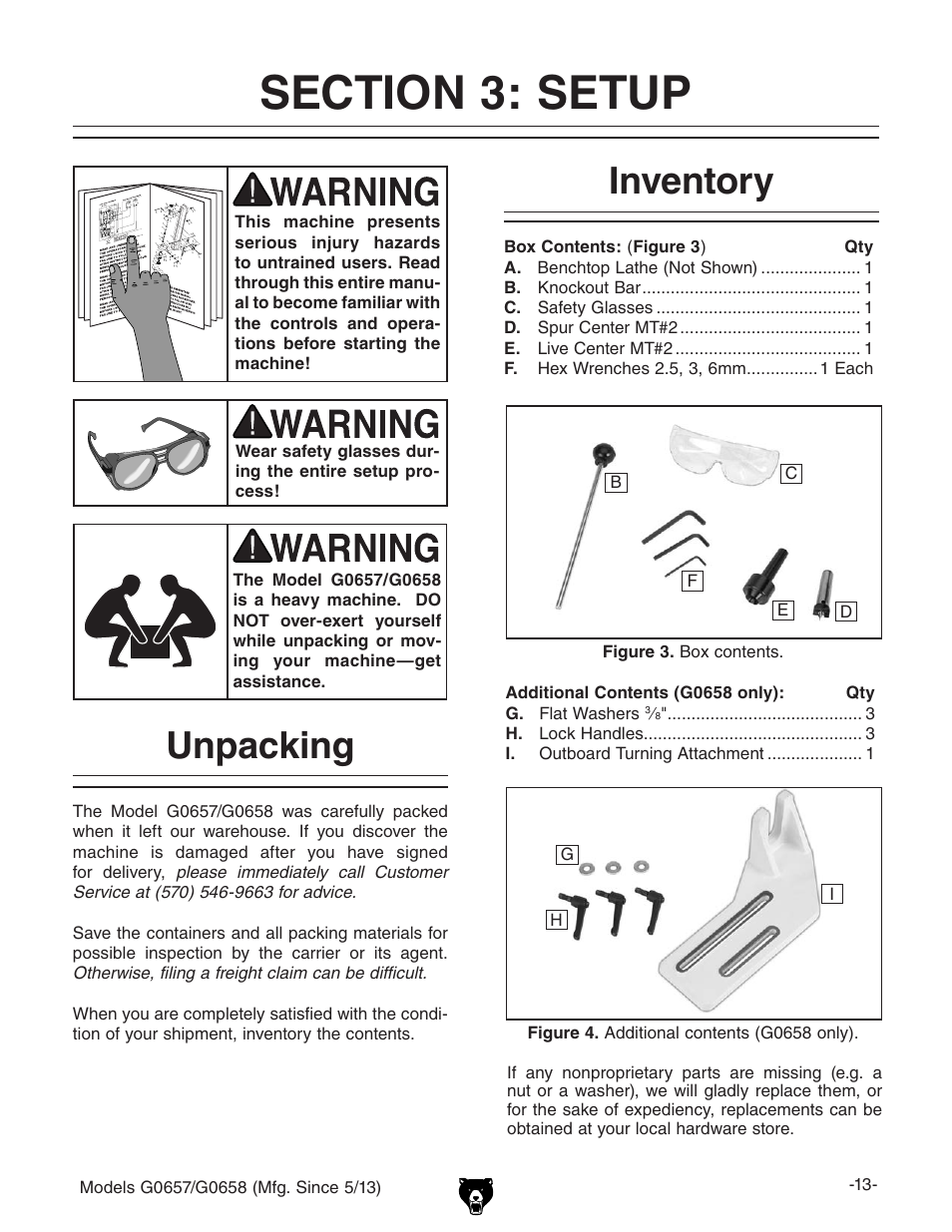 Unpacking inventory | Grizzly G0658 User Manual | Page 15 / 52