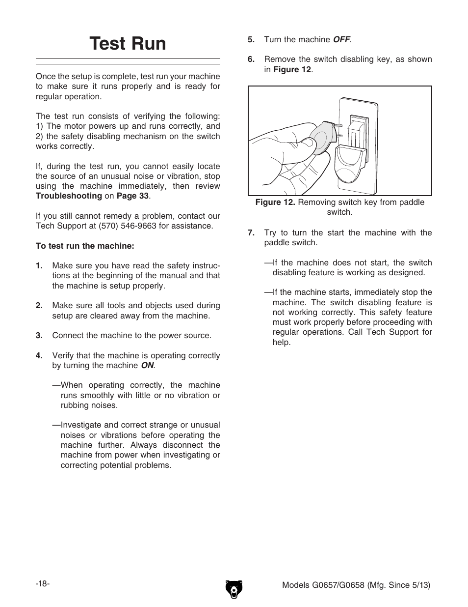 Test run | Grizzly G0658 User Manual | Page 20 / 52