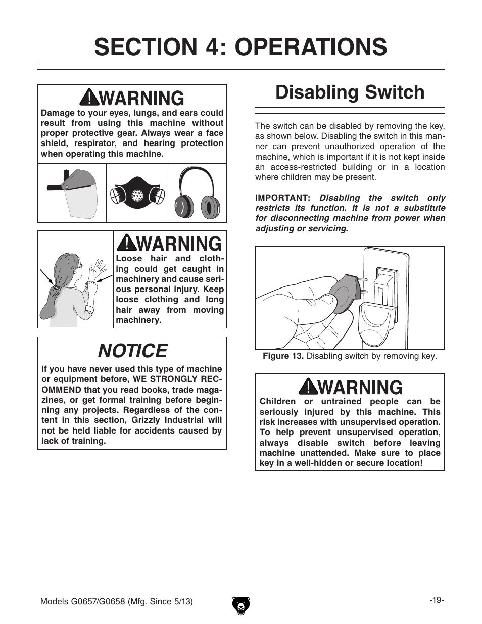 Notice, Disabling switch | Grizzly G0658 User Manual | Page 21 / 52