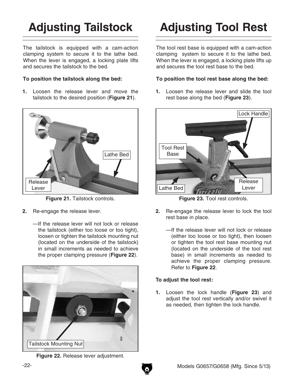 Adjusting tailstock, Adjusting tool rest | Grizzly G0658 User Manual | Page 24 / 52