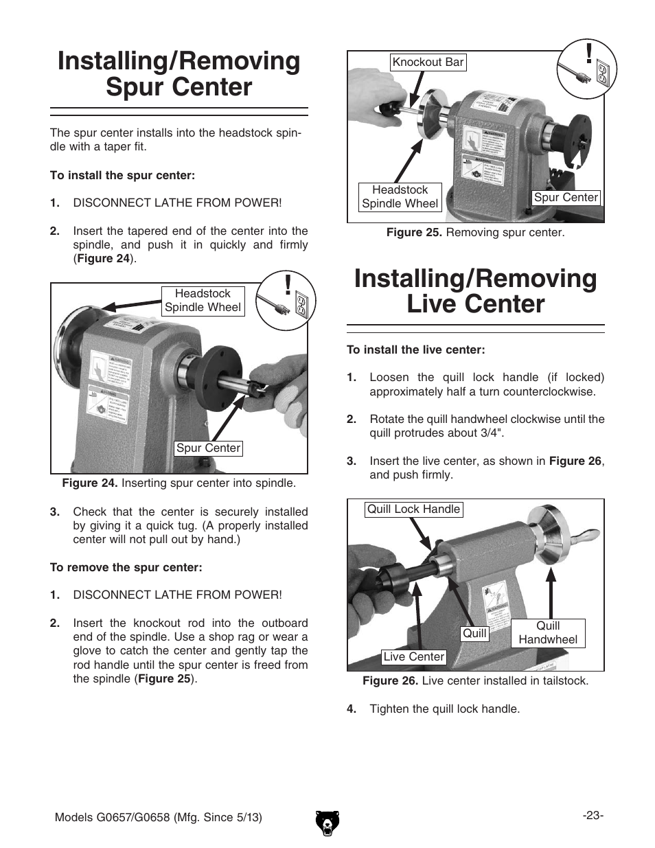 Installing/removing spur center, Installing/removing live center | Grizzly G0658 User Manual | Page 25 / 52