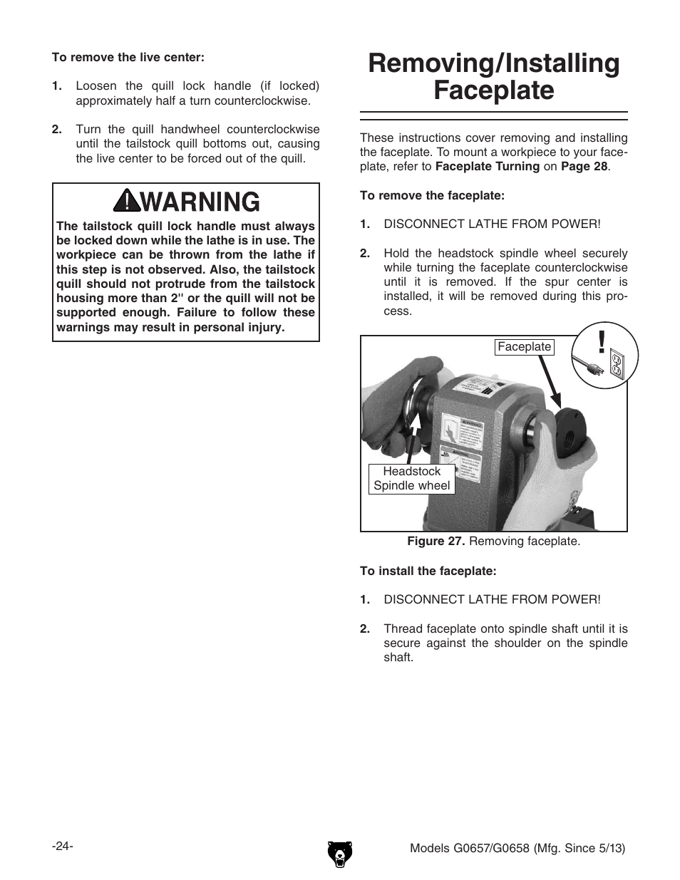 Removing/installing faceplate | Grizzly G0658 User Manual | Page 26 / 52