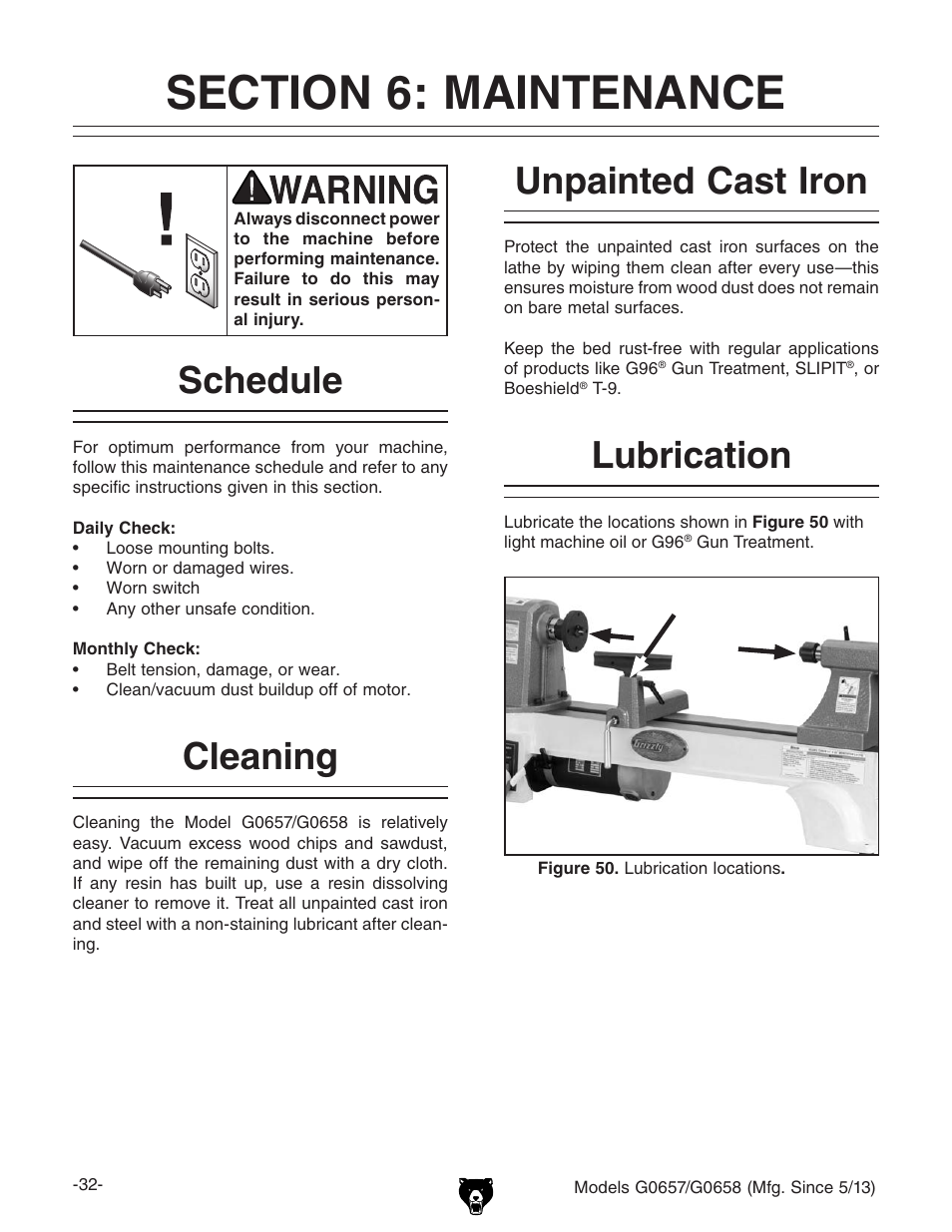 Schedule, Cleaning, Unpainted cast iron | Lubrication | Grizzly G0658 User Manual | Page 34 / 52