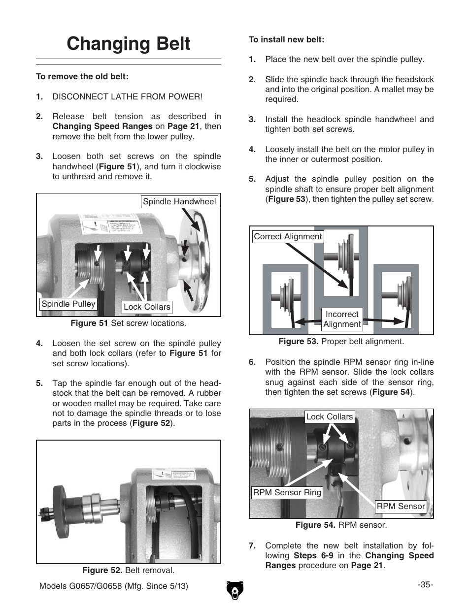 Changing belt | Grizzly G0658 User Manual | Page 37 / 52