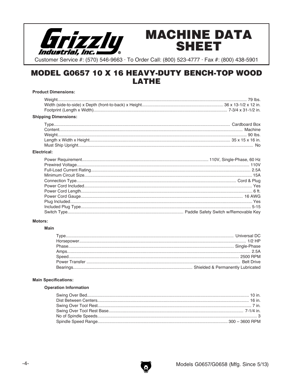 Machine data sheet | Grizzly G0658 User Manual | Page 6 / 52