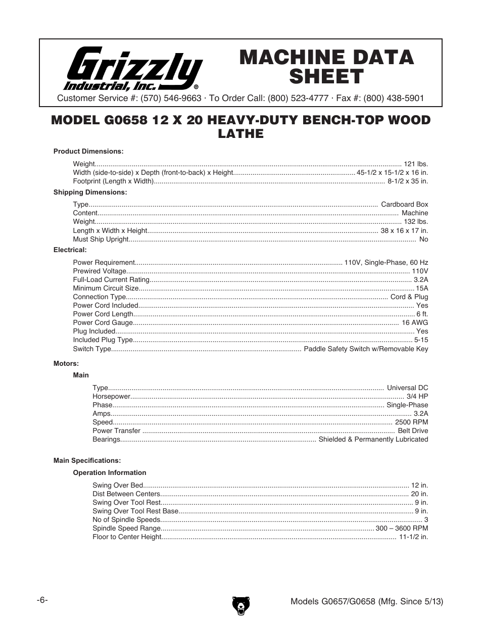 Machine data sheet | Grizzly G0658 User Manual | Page 8 / 52