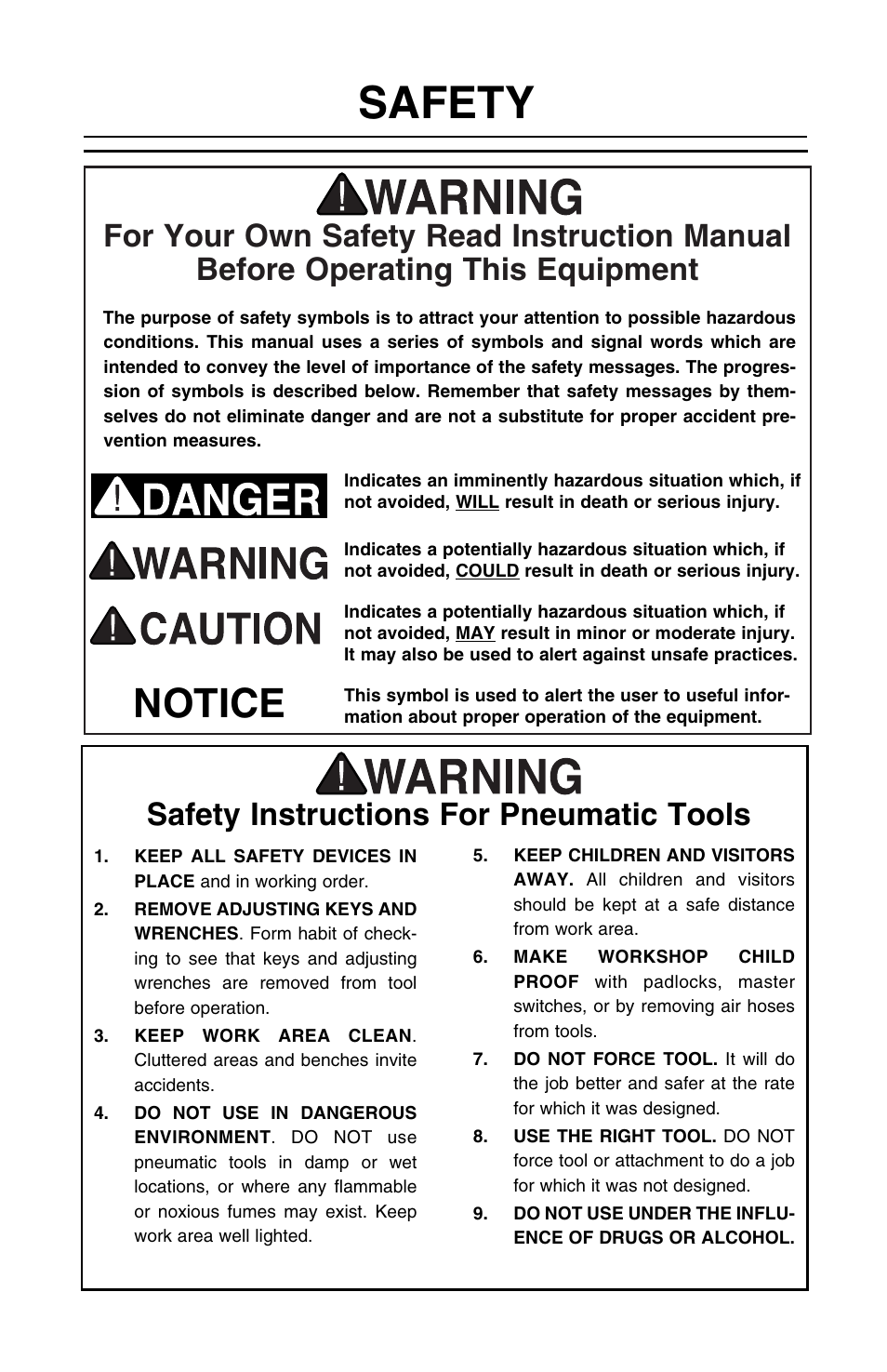 Safety, Notice, Safety instructions for pneumatic tools | Grizzly H5627 User Manual | Page 2 / 20