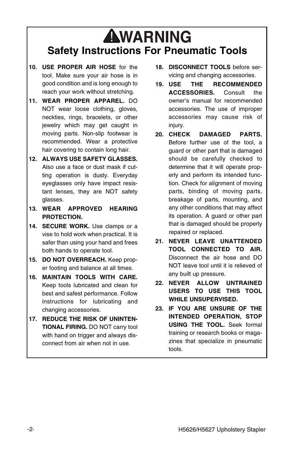 Safety instructions for pneumatic tools | Grizzly H5627 User Manual | Page 3 / 20