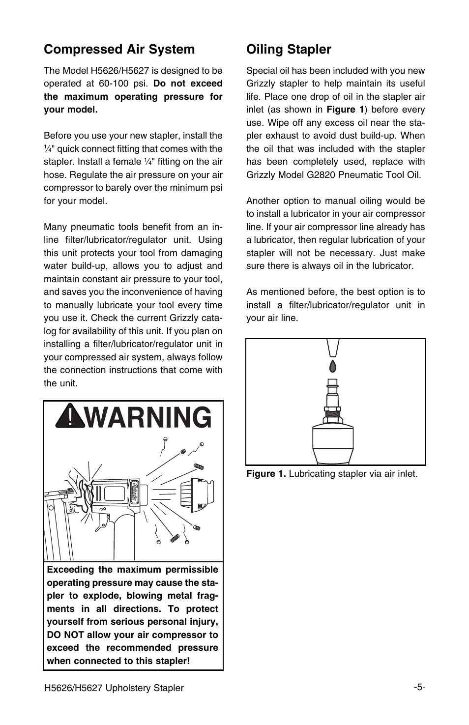 Compressed air system, Oiling stapler | Grizzly H5627 User Manual | Page 6 / 20