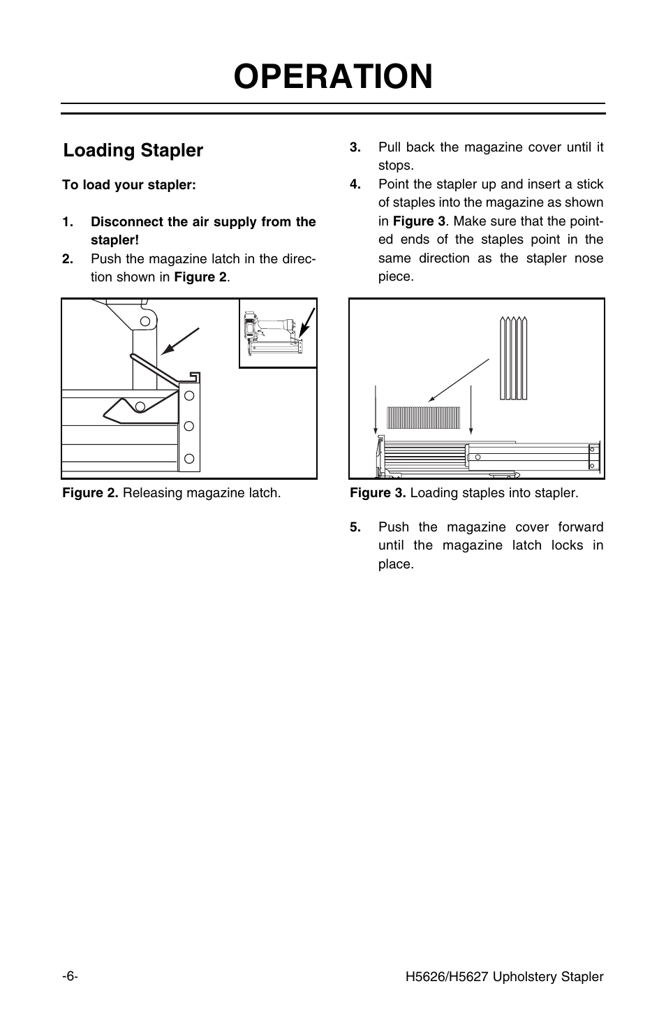 Operation, Loading stapler | Grizzly H5627 User Manual | Page 7 / 20