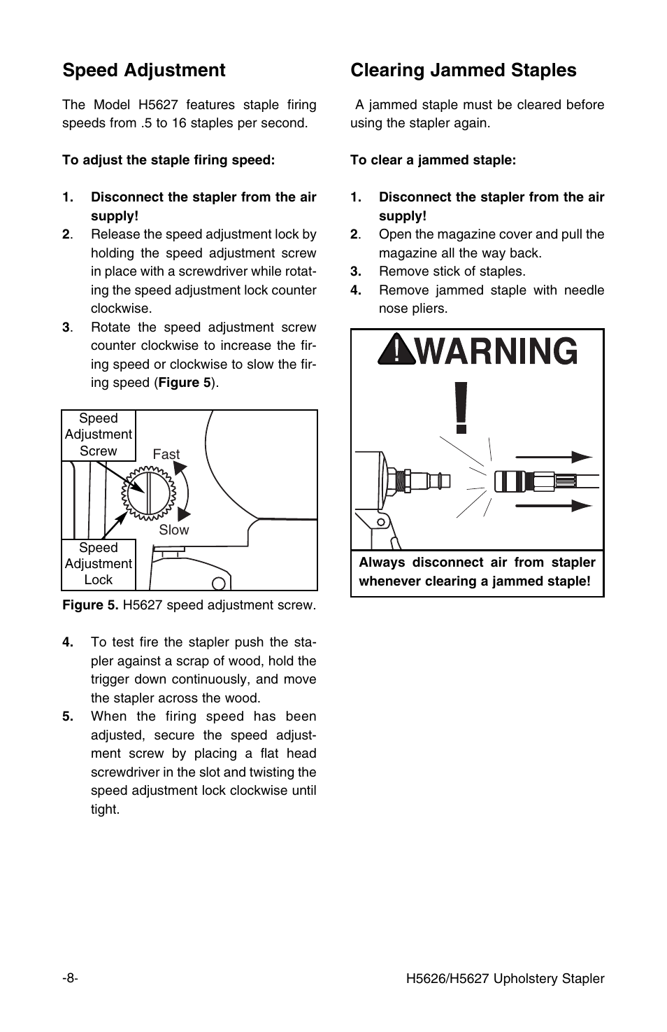 Clearing jammed staples, Speed adjustment | Grizzly H5627 User Manual | Page 9 / 20