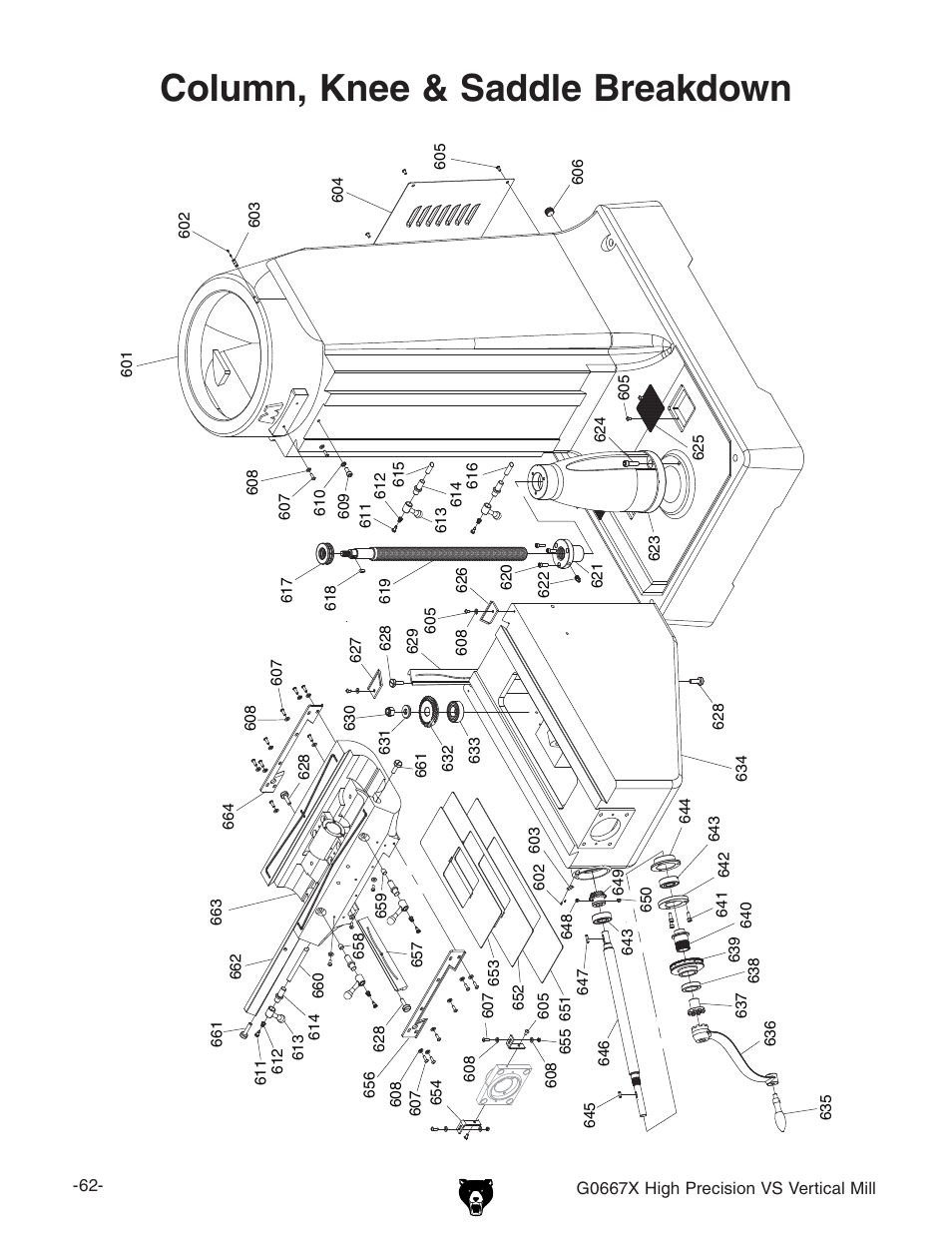 Column, knee & saddle breakdown | Grizzly Vertical Mill G0667X User Manual | Page 9 / 17