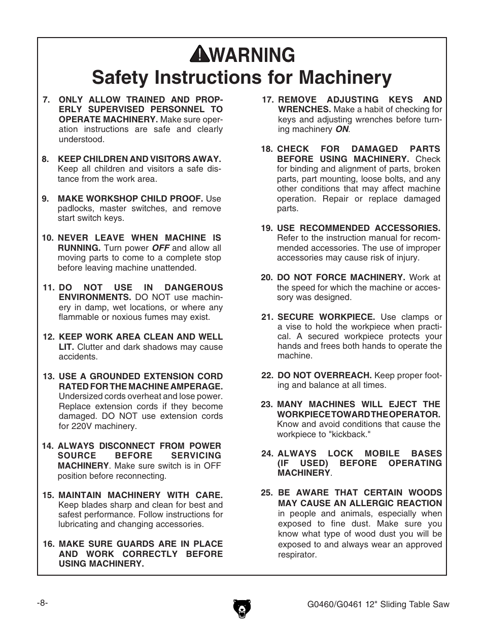 Safety instructions for machinery | Grizzly G0461 User Manual | Page 10 / 72