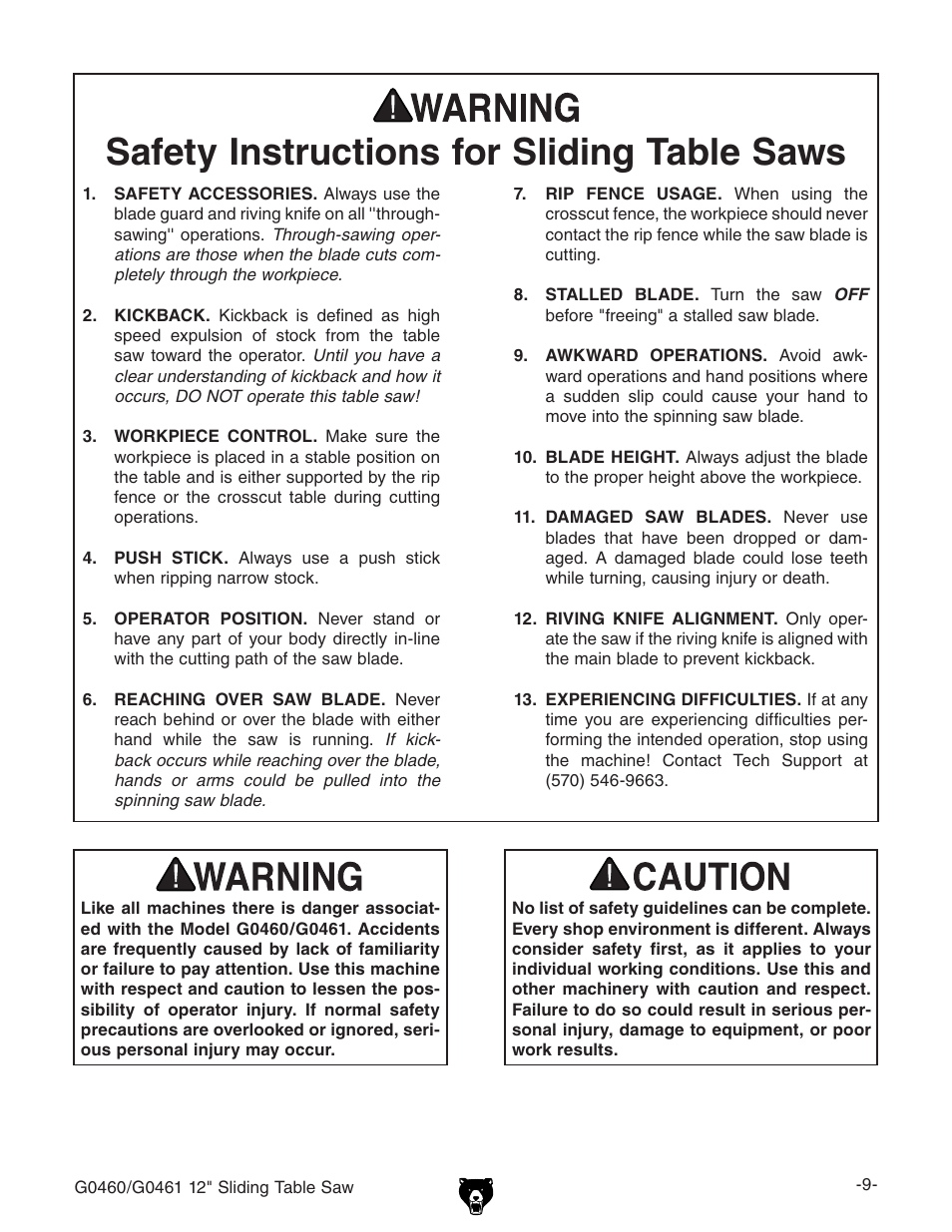 Safety instructions for sliding table saws | Grizzly G0461 User Manual | Page 11 / 72