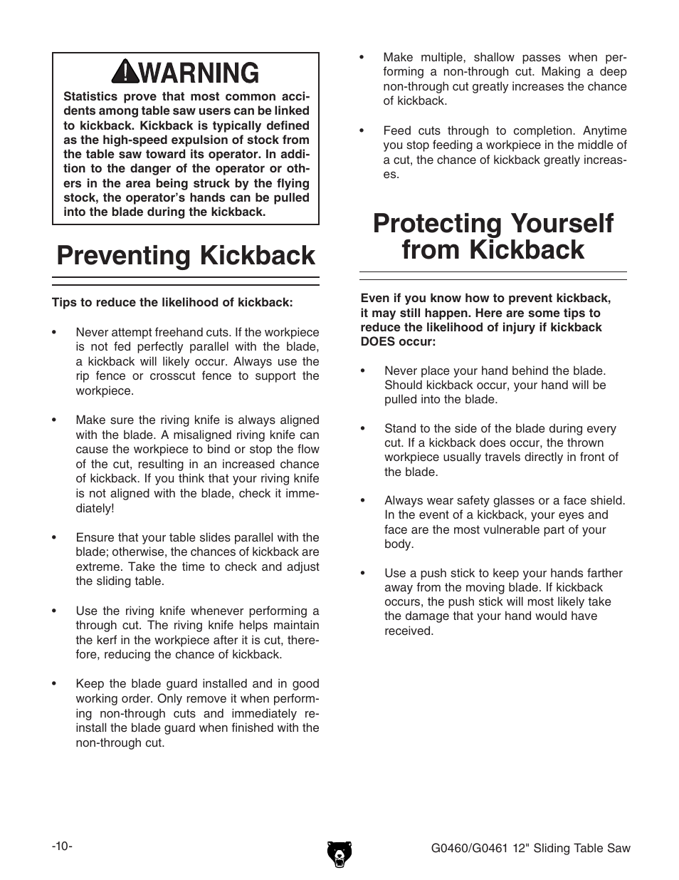 Protecting yourself from kickback, Preventing kickback | Grizzly G0461 User Manual | Page 12 / 72
