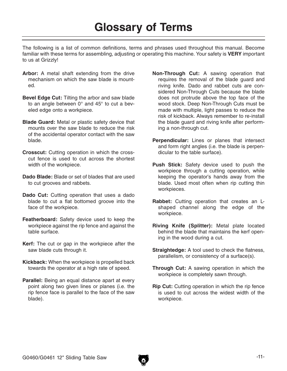 Glossary of terms | Grizzly G0461 User Manual | Page 13 / 72