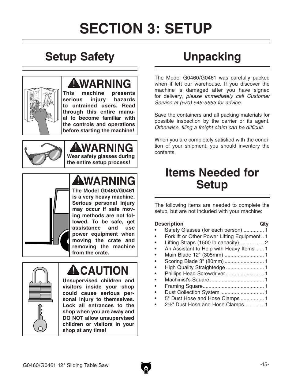 Setup safety, Items needed for setup, Unpacking | Grizzly G0461 User Manual | Page 17 / 72