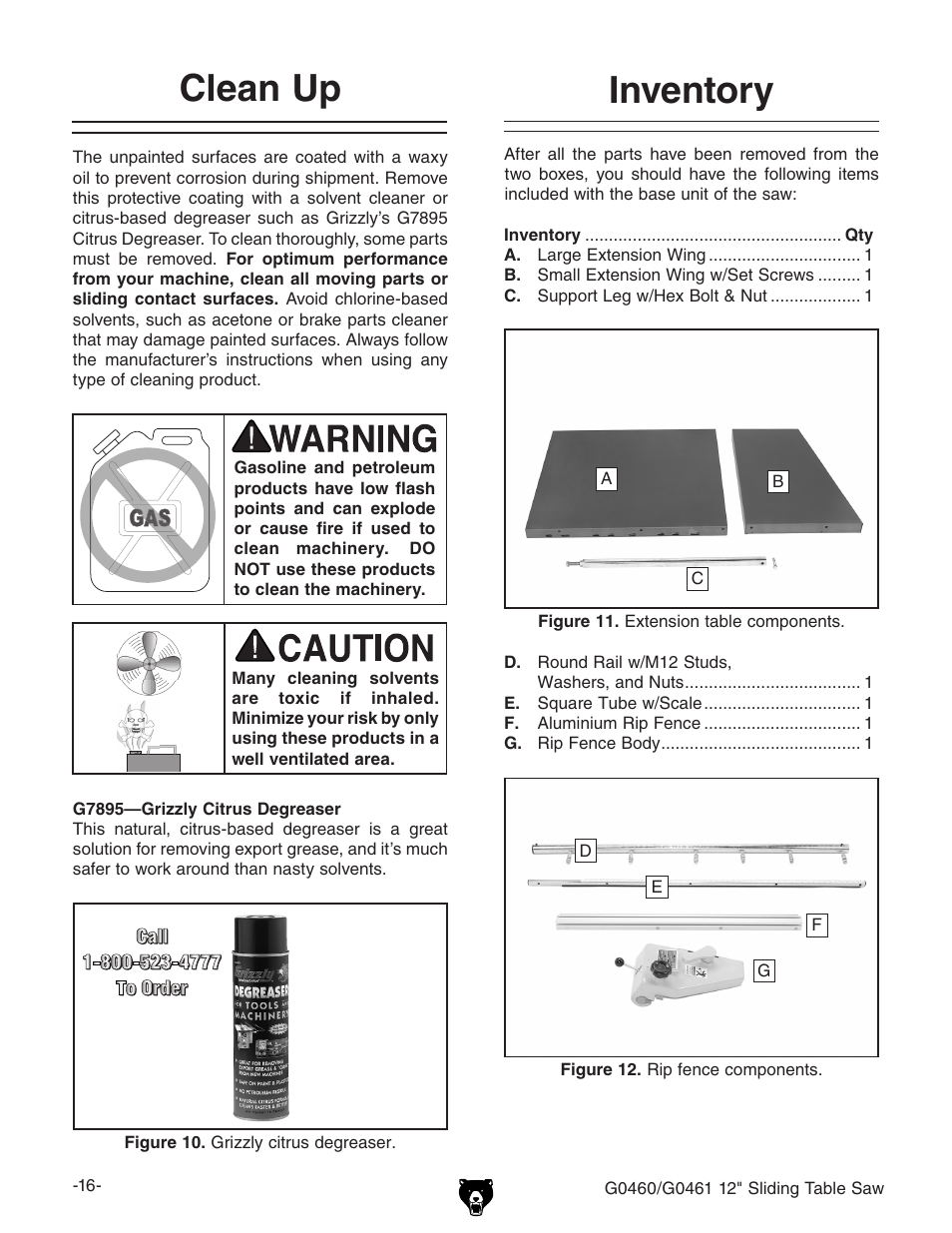 Inventory, Clean up | Grizzly G0461 User Manual | Page 18 / 72