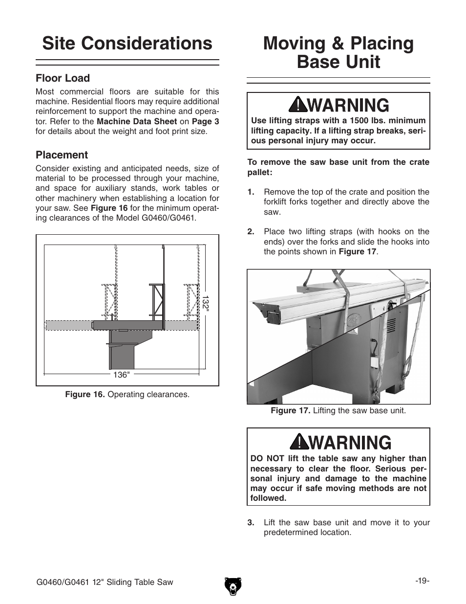 Site considerations, Moving & placing base unit | Grizzly G0461 User Manual | Page 21 / 72