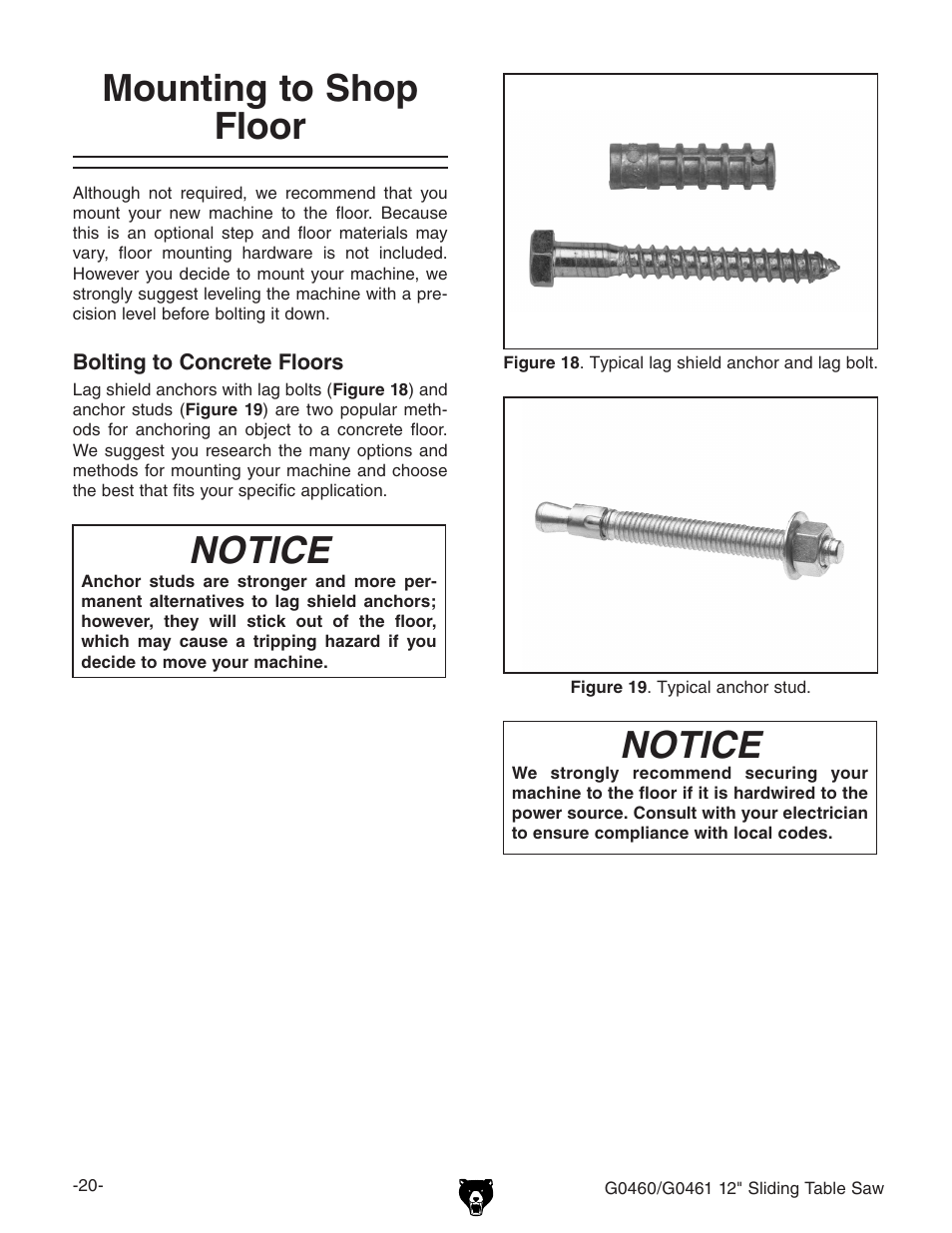Mounting to shop floor, Notice | Grizzly G0461 User Manual | Page 22 / 72
