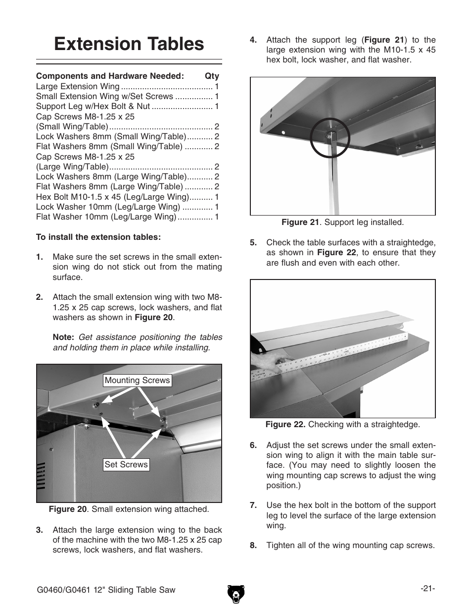 Extension tables | Grizzly G0461 User Manual | Page 23 / 72