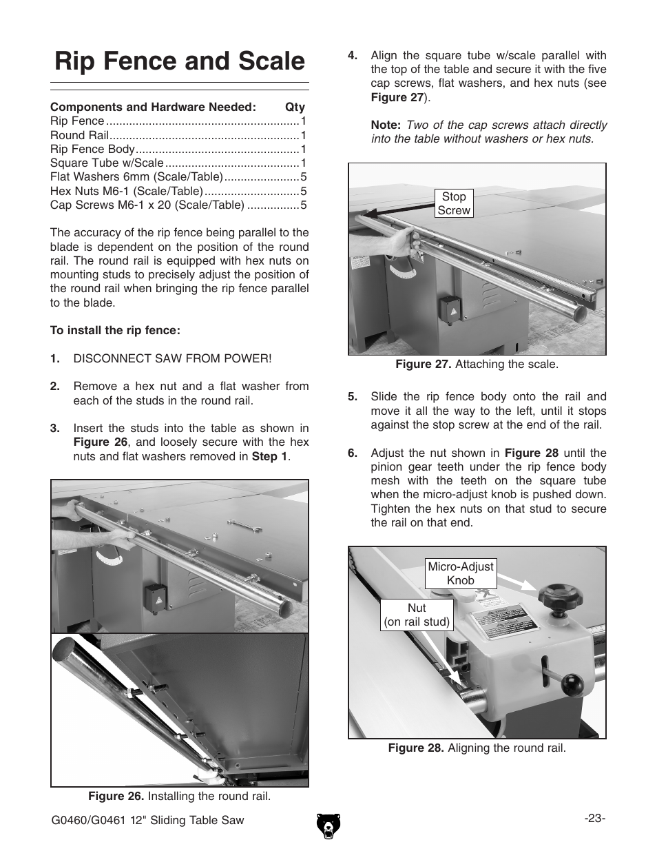 Rip fence and scale | Grizzly G0461 User Manual | Page 25 / 72