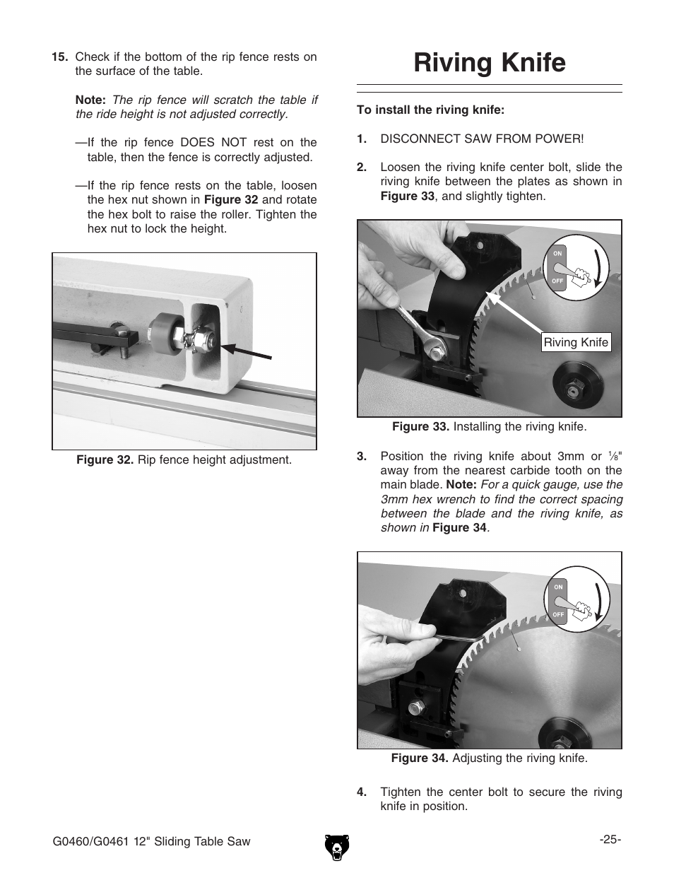 Riving knife | Grizzly G0461 User Manual | Page 27 / 72