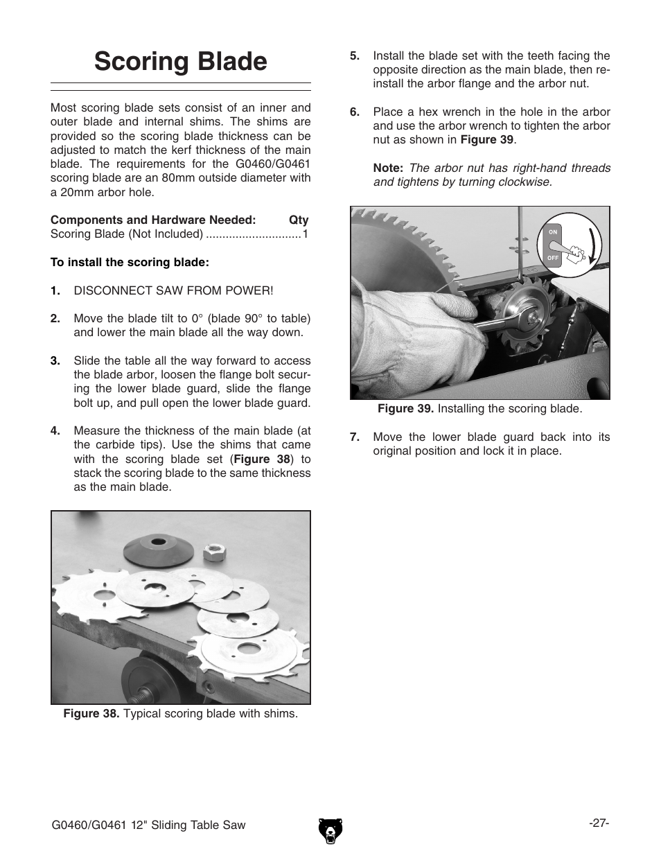 Scoring blade | Grizzly G0461 User Manual | Page 29 / 72