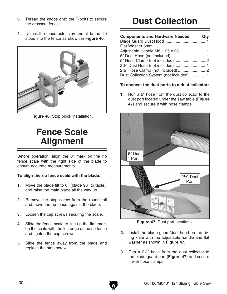 Fence scale alignment, Dust collection | Grizzly G0461 User Manual | Page 32 / 72