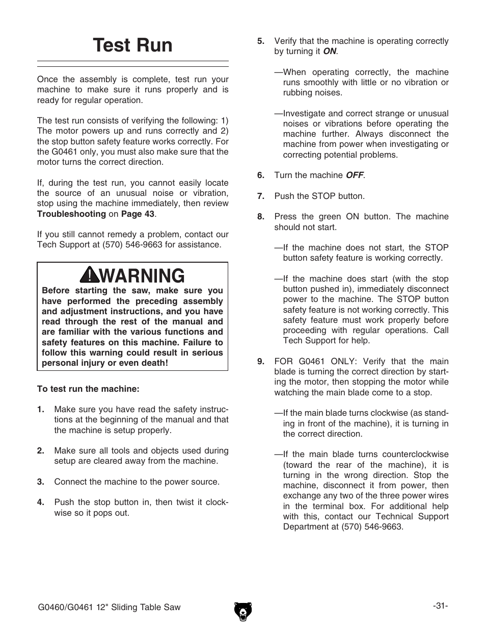 Test run | Grizzly G0461 User Manual | Page 33 / 72