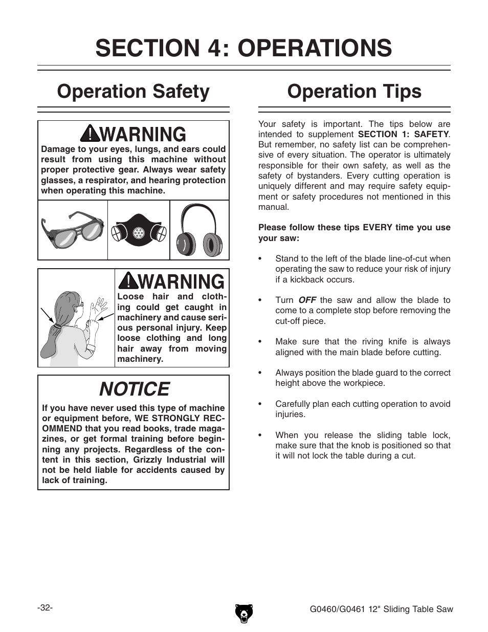 Operation safety, Notice, Operation tips | Grizzly G0461 User Manual | Page 34 / 72