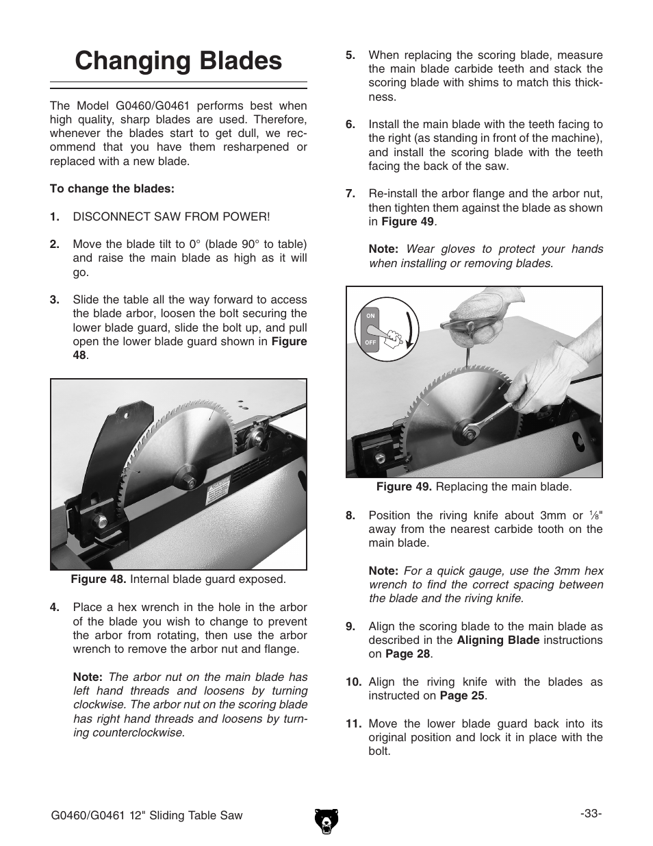 Changing blades | Grizzly G0461 User Manual | Page 35 / 72