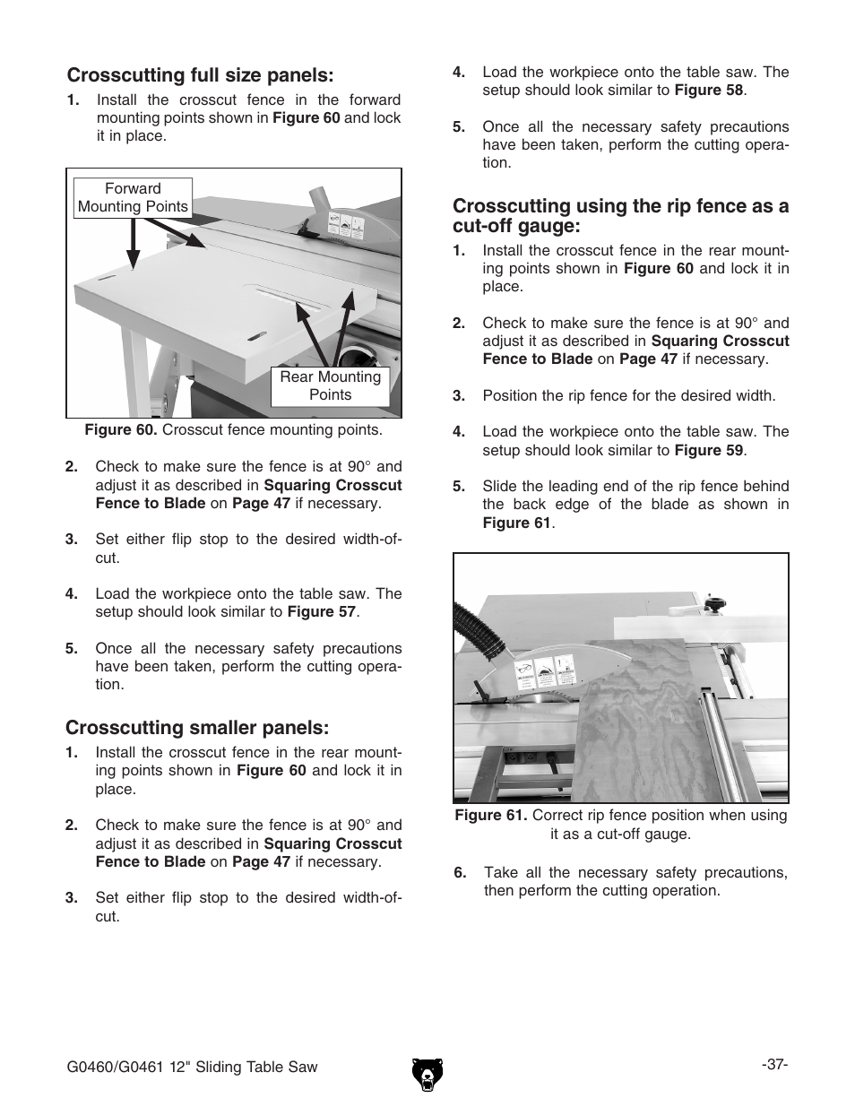 Crosscutting full size panels, Crosscutting smaller panels | Grizzly G0461 User Manual | Page 39 / 72