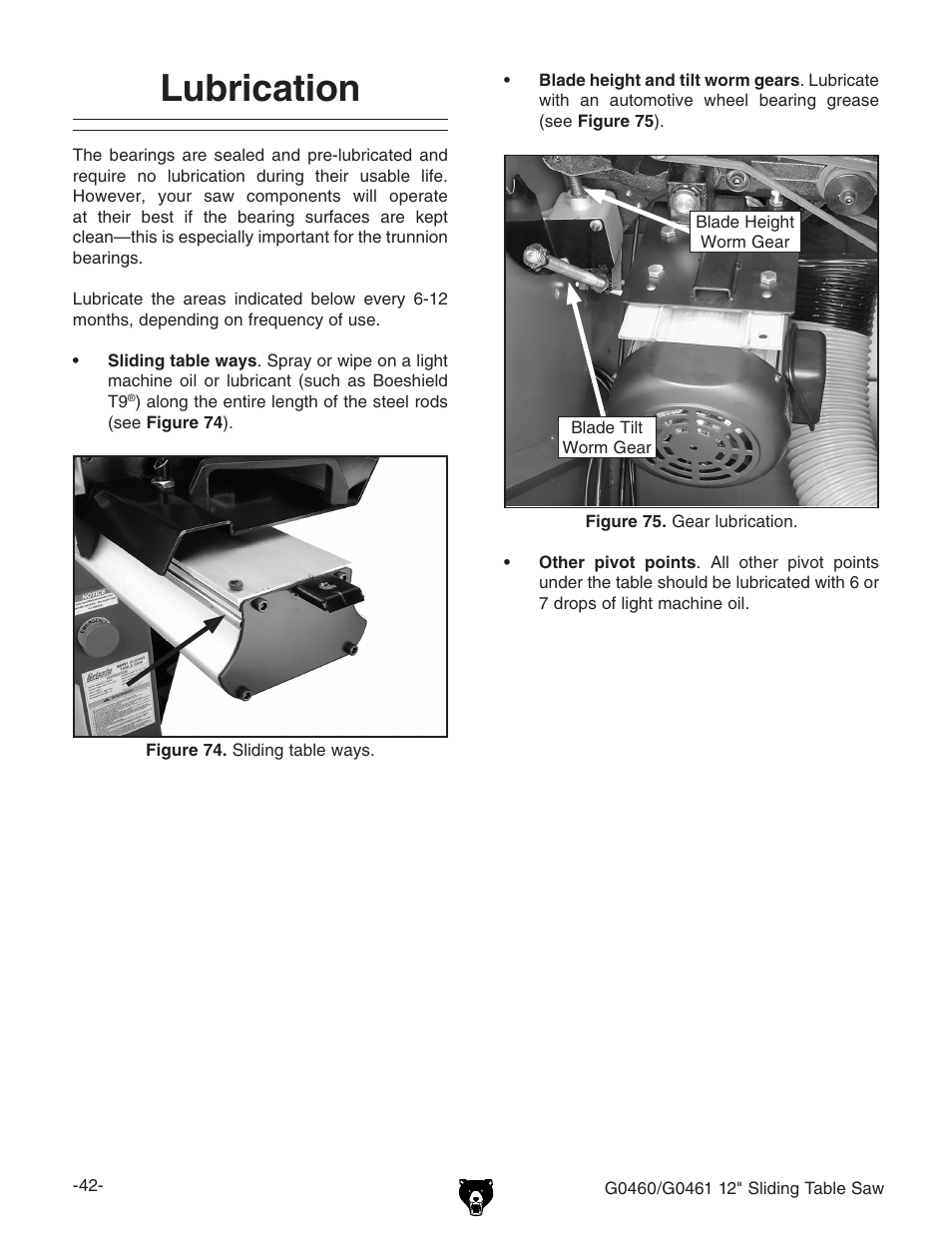 Lubrication | Grizzly G0461 User Manual | Page 44 / 72