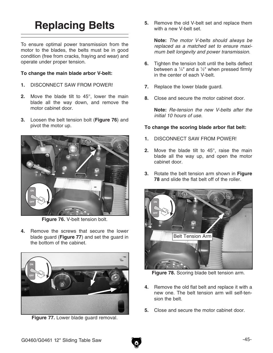 Replacing belts | Grizzly G0461 User Manual | Page 47 / 72