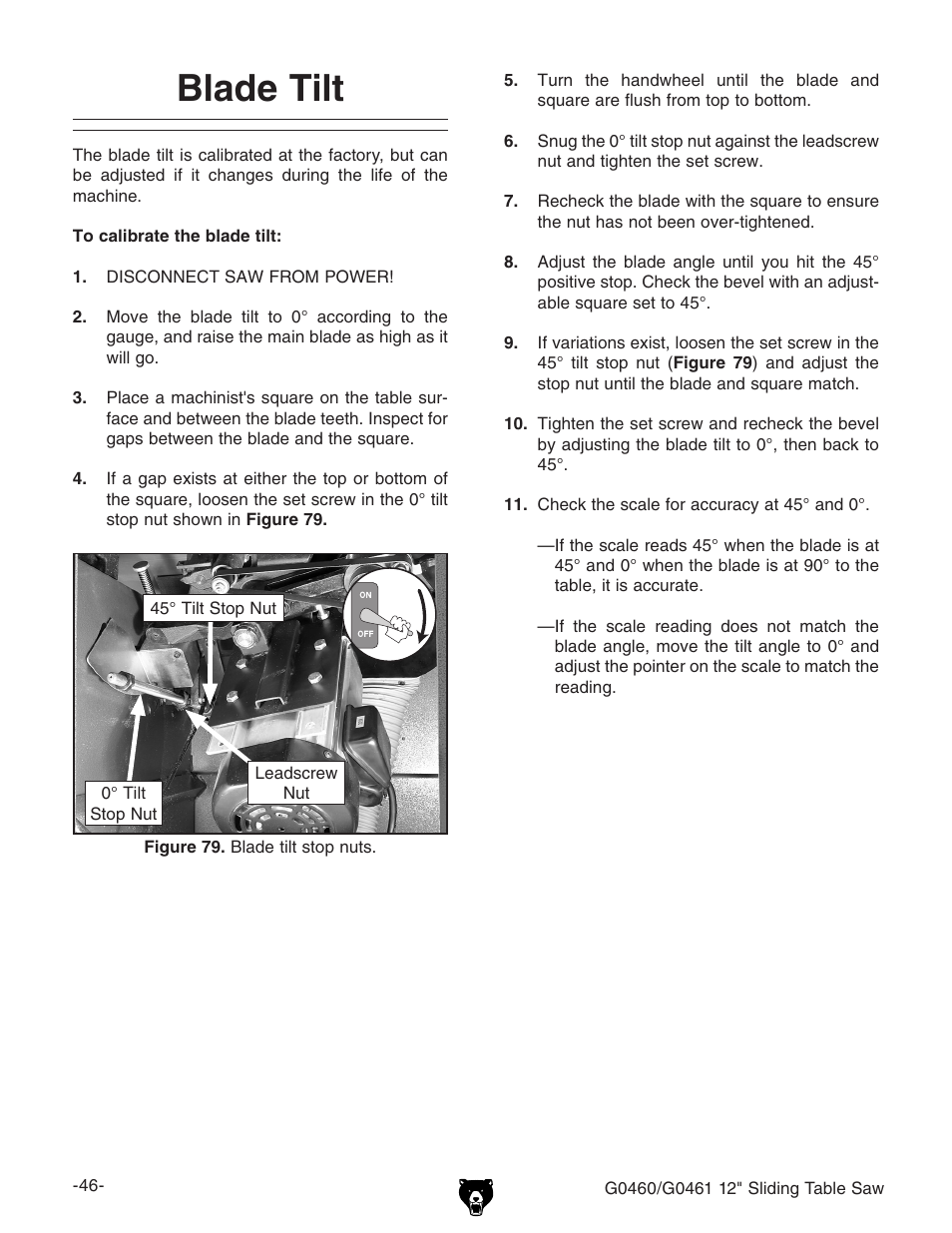 Blade tilt | Grizzly G0461 User Manual | Page 48 / 72