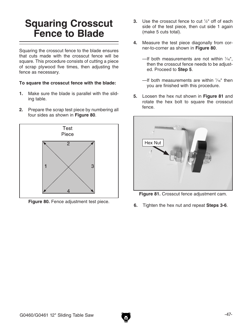 Squaring crosscut fence to blade | Grizzly G0461 User Manual | Page 49 / 72