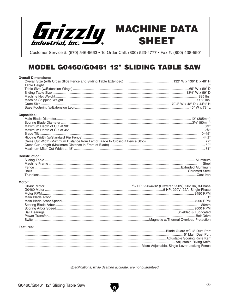 Machine data sheet | Grizzly G0461 User Manual | Page 5 / 72