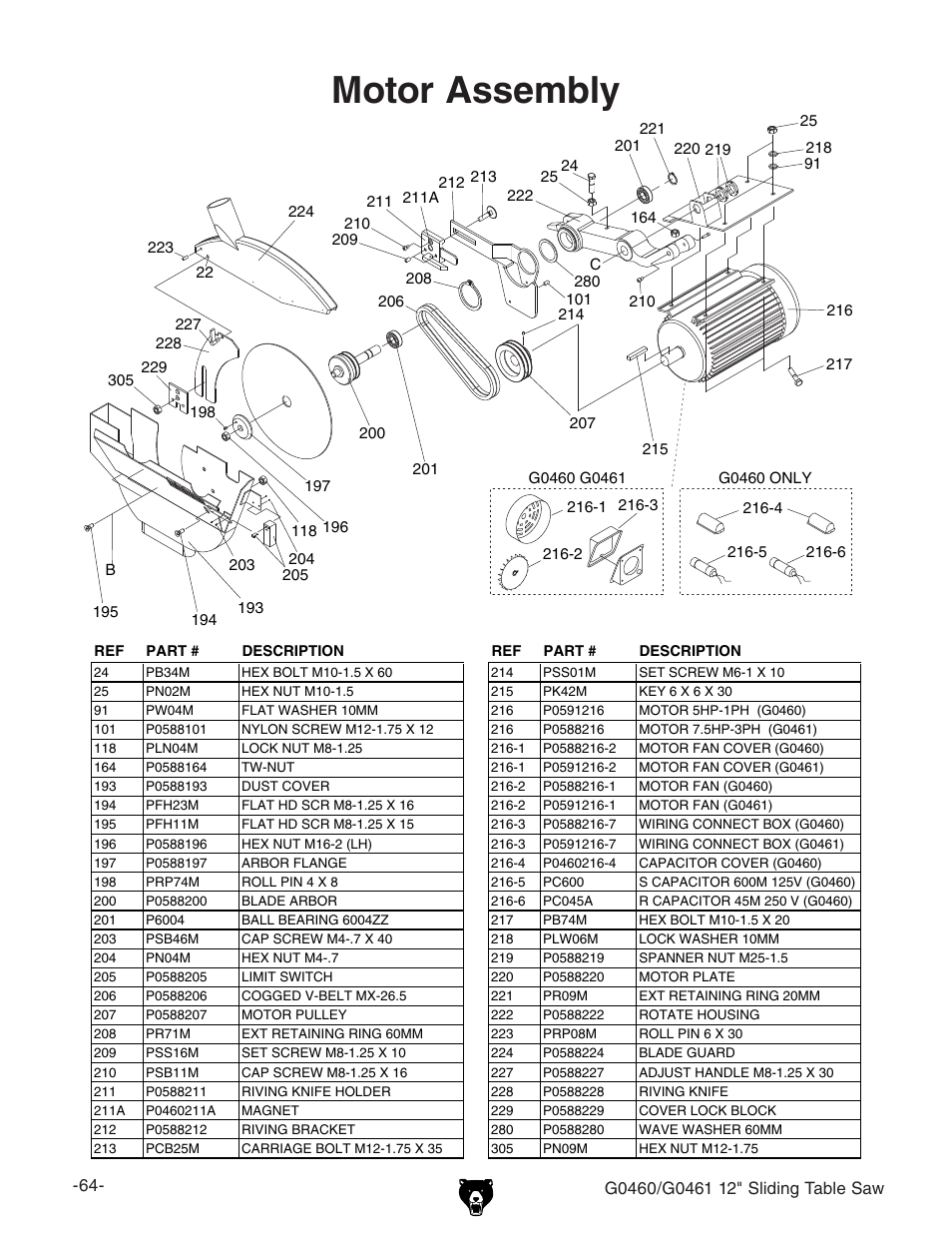 Motor assembly | Grizzly G0461 User Manual | Page 66 / 72