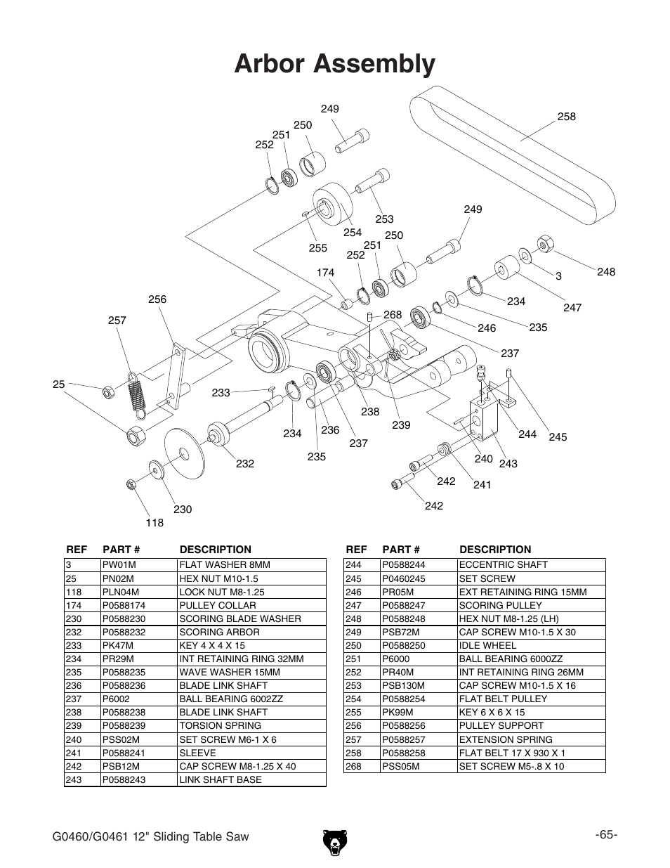 Arbor assembly | Grizzly G0461 User Manual | Page 67 / 72