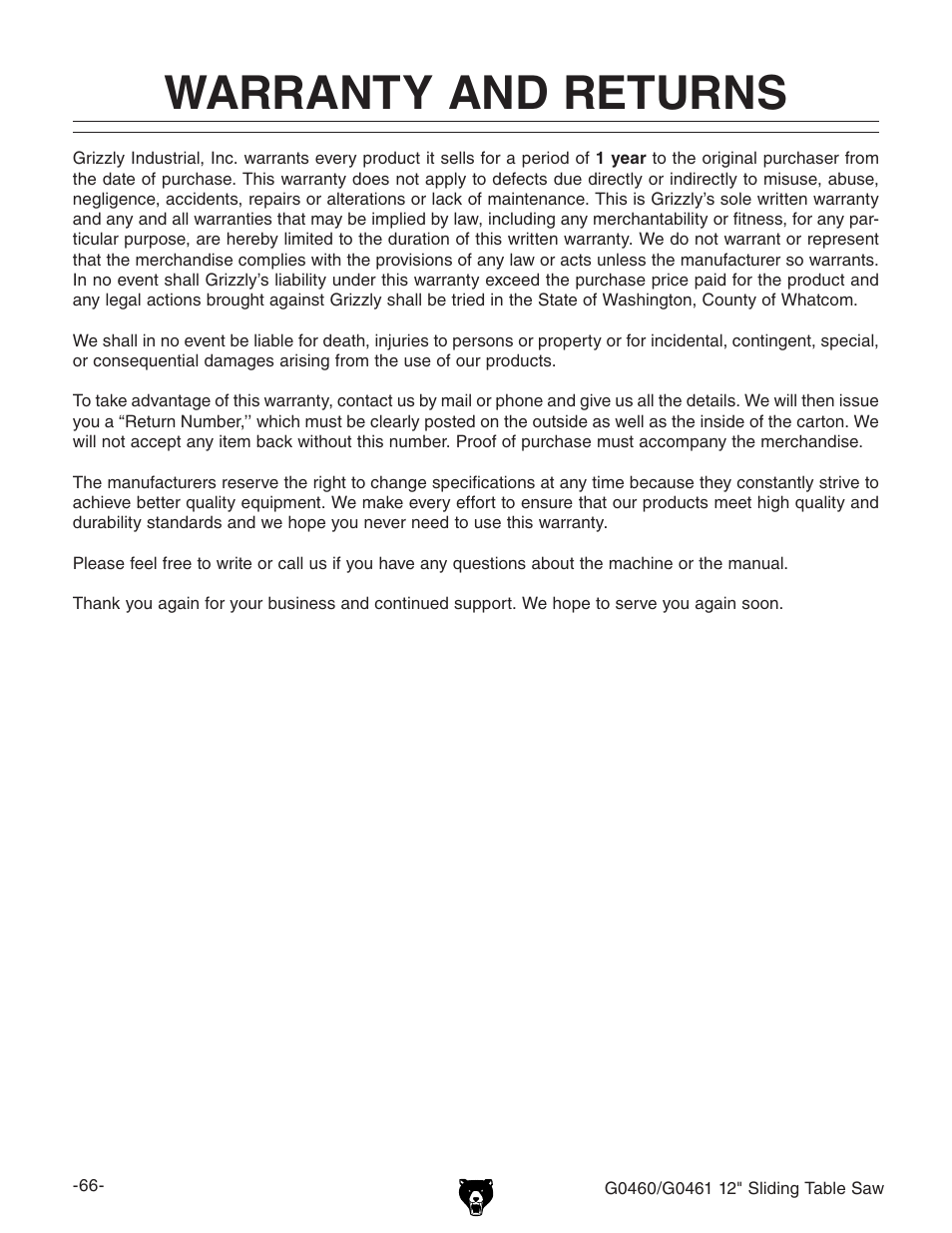 Warranty and returns | Grizzly G0461 User Manual | Page 68 / 72