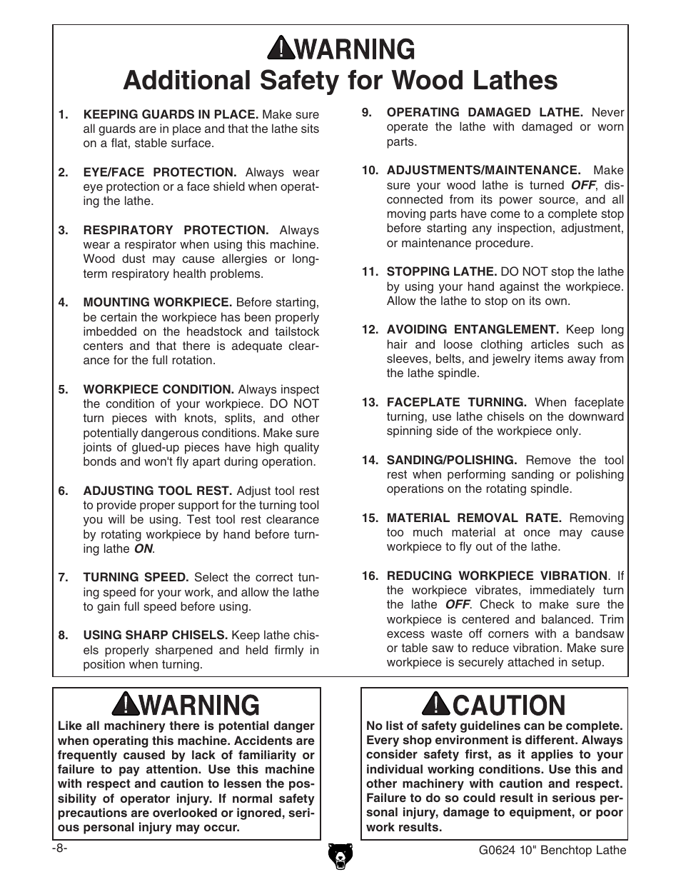 Additional safety for wood lathes | Grizzly G0624 User Manual | Page 10 / 36
