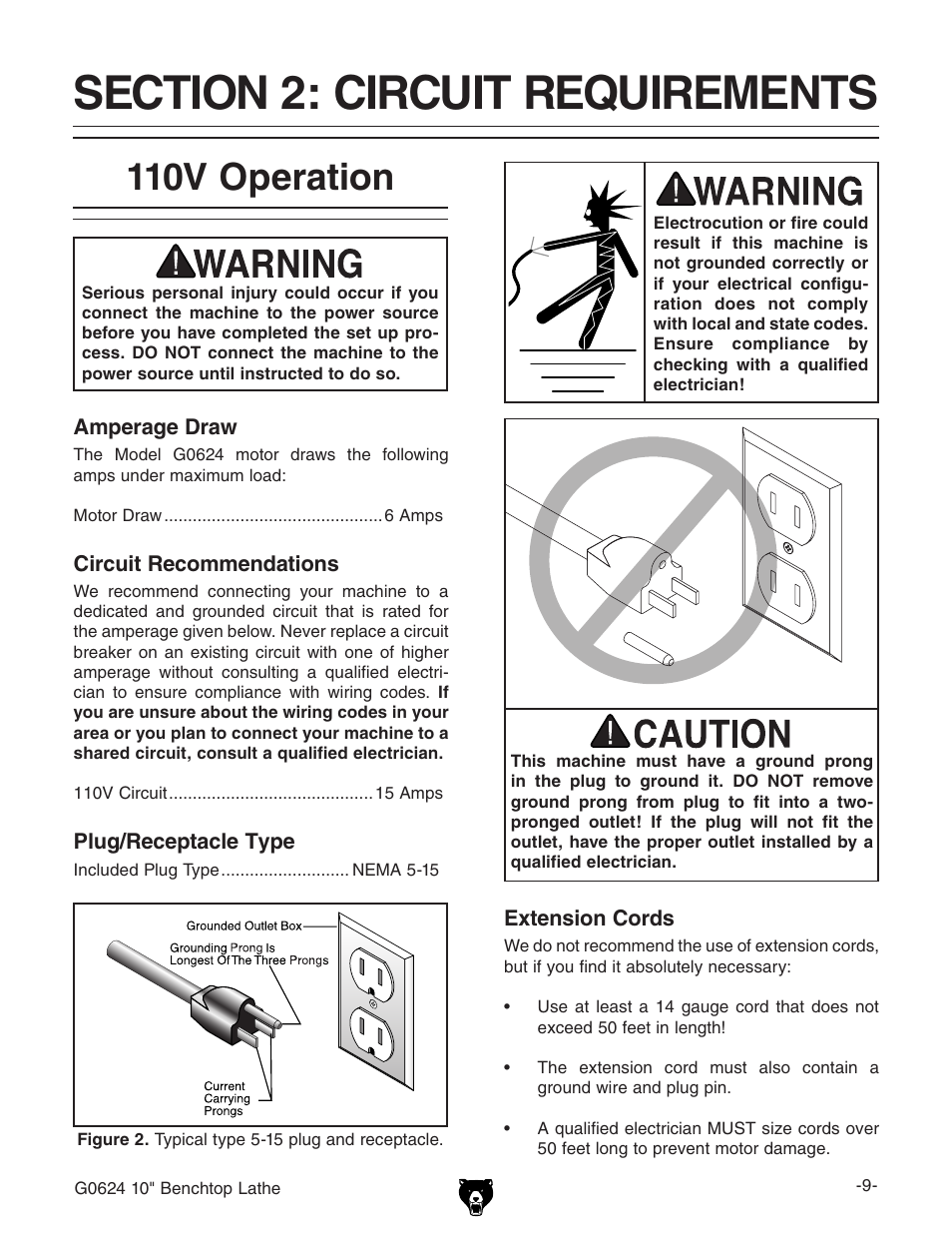 110v operation | Grizzly G0624 User Manual | Page 11 / 36