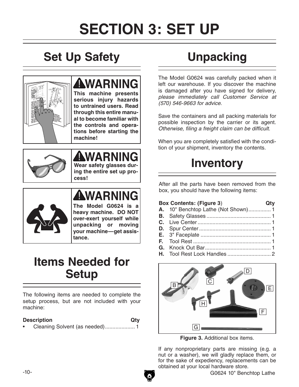 Set up safety, Items needed for setup, Unpacking inventory | Grizzly G0624 User Manual | Page 12 / 36