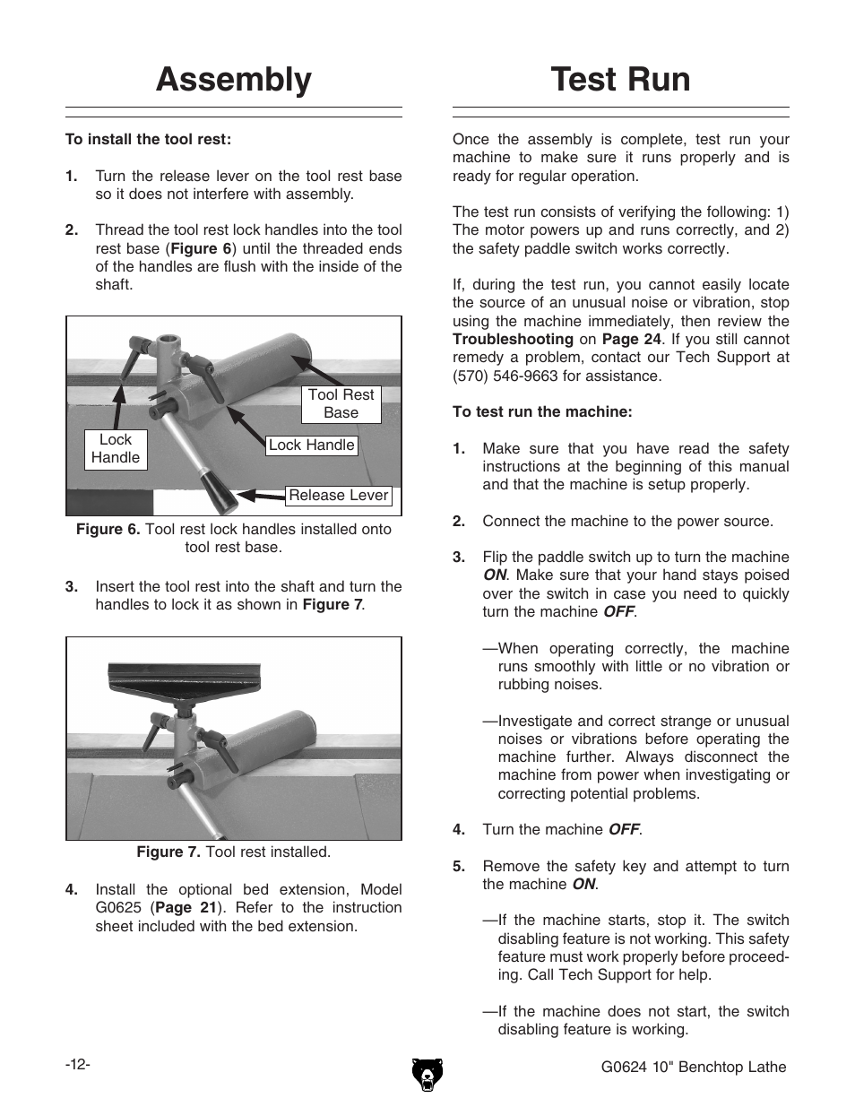 Assembly, Test run | Grizzly G0624 User Manual | Page 14 / 36