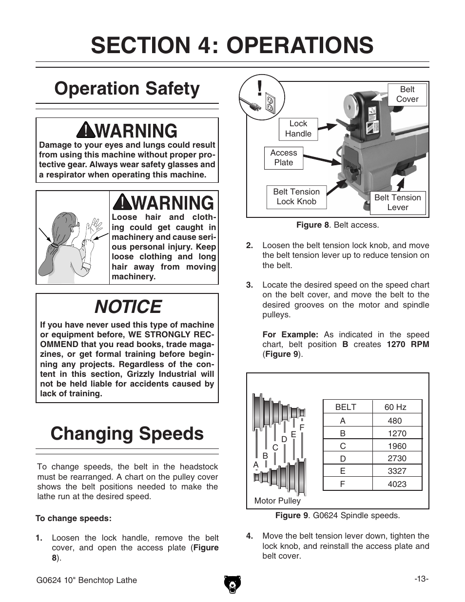 Operation safety, Notice, Changing speeds | Grizzly G0624 User Manual | Page 15 / 36
